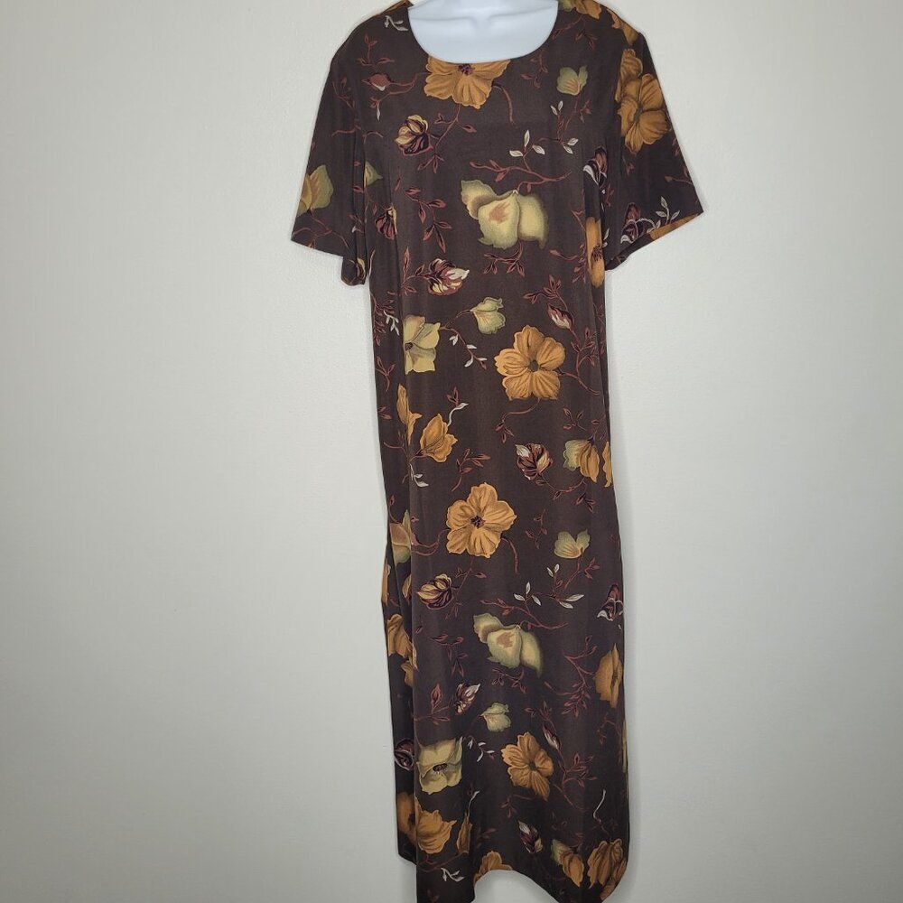 Brown tones floral modest tie back maxi short sleeve grunge dress size 16